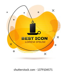 Black Burning candle in candlestick icon isolated on white background. Old fashioned lit candle. Cylindrical aromatic candle stick with burning flame. Fluid color banner. Vector Illustration