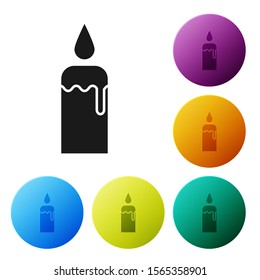 Black Burning candle in candlestick icon isolated on white background. Cylindrical candle stick with burning flame. Set icons colorful circle buttons. Vector Illustration