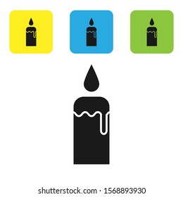 Black Burning candle in candlestick icon isolated on white background. Cylindrical candle stick with burning flame. Set icons colorful square buttons. Vector Illustration