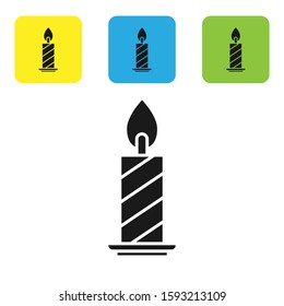 Black Burning candle in candlestick icon isolated on white background. Cylindrical candle stick with burning flame. Set icons colorful square buttons. Vector Illustration