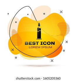 Black Burning candle in candlestick icon isolated on white background. Cylindrical candle stick with burning flame. Abstract banner with liquid shapes. Vector Illustration