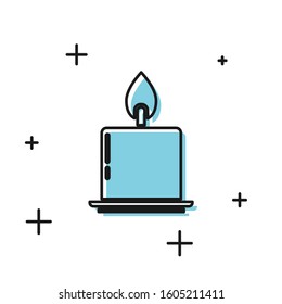 Black Burning candle in candlestick icon isolated on white background. Cylindrical candle stick with burning flame.  Vector Illustration