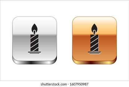 Black Burning candle in candlestick icon isolated on white background. Cylindrical candle stick with burning flame. Silver-gold square button. Vector Illustration
