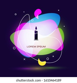 Black Burning candle in candlestick icon isolated on blue background. Cylindrical candle stick with burning flame. Abstract banner with liquid shapes. Vector Illustration