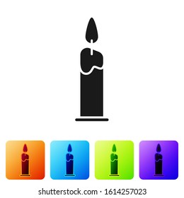Black Burning candle in candlestick icon isolated on white background. Cylindrical candle stick with burning flame. Set icons in color square buttons. Vector Illustration