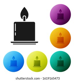 Black Burning candle in candlestick icon isolated on white background. Cylindrical candle stick with burning flame. Set icons colorful circle buttons. Vector Illustration