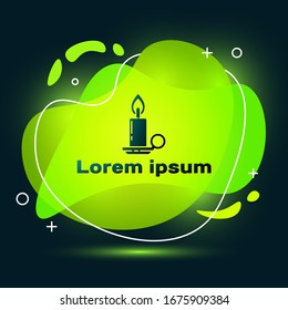 Black Burning candle in candlestick icon isolated on black background. Cylindrical candle stick with burning flame. Abstract banner with liquid shapes. Vector Illustration
