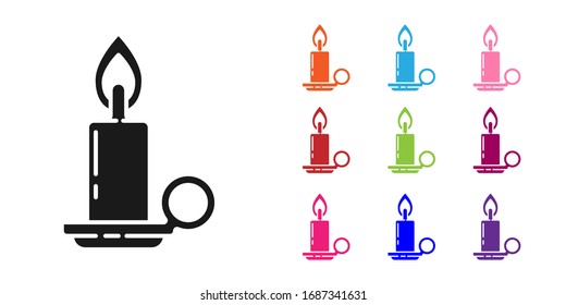 Black Burning candle in candlestick icon isolated on white background. Cylindrical candle stick with burning flame. Set icons colorful. Vector Illustration