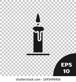 Black Burning candle in candlestick icon isolated on transparent background. Cylindrical candle stick with burning flame.  Vector Illustration