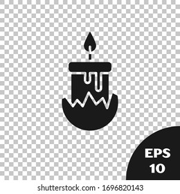 Black Burning candle in candlestick icon isolated on transparent background. Cylindrical candle stick with burning flame.  Vector Illustration
