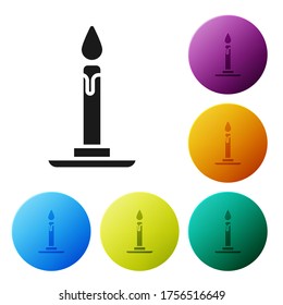 Black Burning candle in candlestick icon isolated on white background. Cylindrical candle stick with burning flame. Set icons in color circle buttons. Vector Illustration