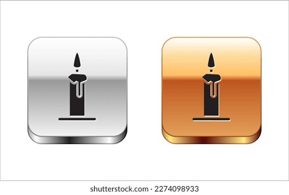 Black Burning candle in candlestick icon isolated on white background. Cylindrical candle stick with burning flame. Silver-gold square button. Vector Illustration