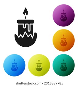 Black Burning candle in candlestick icon isolated on white background. Cylindrical candle stick with burning flame. Set icons in color circle buttons. Vector Illustration