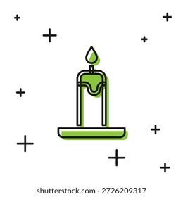Black Burning candle in candlestick icon isolated on white background. Cylindrical candle stick with burning flame.  Vector