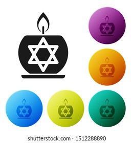 Black Burning candle in candlestick with star of david icon isolated on white background. Cylindrical candle stick with burning flame. Set icons colorful circle buttons. Vector Illustration