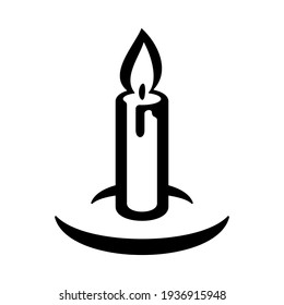 Black burning candle icon. Cylindrical candle stick with burning flame sign isolated on white background. Old fashioned lit candle vector illustration