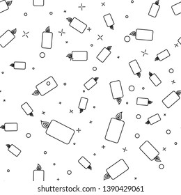 Black Burning candle icon isolated seamless pattern on white background. Old fashioned lit candle. Cylindrical aromatic candle stick with burning flame. Vector Illustration