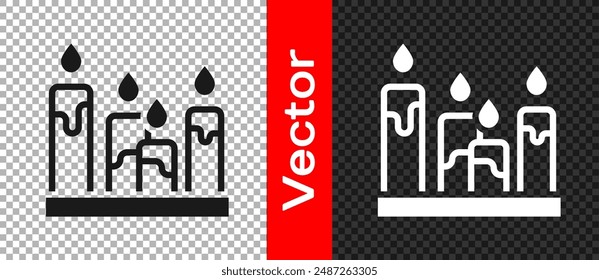 Black Burning candle icon isolated on transparent background. Cylindrical aromatic candle stick with burning flame. Happy Halloween party.  Vector