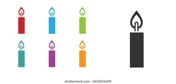 Black Burning candle icon isolated on white background. Cylindrical candle stick with burning flame. Set icons colorful. Vector