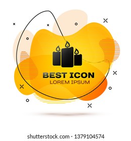 Black Burning candles icon isolated on white background. Old fashioned lit candles. Cylindrical aromatic candle sticks with burning flames. Fluid color banner. Vector Illustration