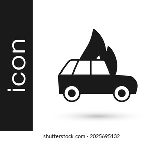 Black Burning car icon isolated on white background. Car on fire. Broken auto covered with fire and smoke.  Vector