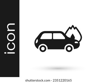 Black Burning car icon isolated on white background. Car on fire. Broken auto covered with fire and smoke.  Vector