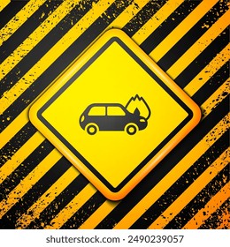 Black Burning car icon isolated on yellow background. Car on fire. Broken auto covered with fire and smoke. Warning sign. Vector