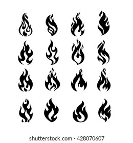 Black Burning Fire Flame Logo set design vector template. Burn Fireball concept icon pack. Hot Inferno illustration. Bonfire creative collection.