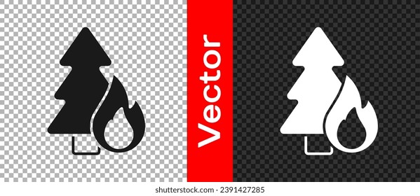 Black Burning forest trees in fire flames icon isolated on transparent background. Natural disaster concept.  Vector