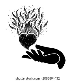 Corazón negro ardiente en mano humana. Dale al fuego corazón. El corazón llama sobre la palma. Esbozo para tatuajes, afiches, impresos o camisetas. Ilustración dibujada a mano por vectores.