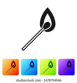 Black Burning match with fire icon isolated on white background. Match with fire. Matches sign. Set icons in color square buttons. Vector Illustration