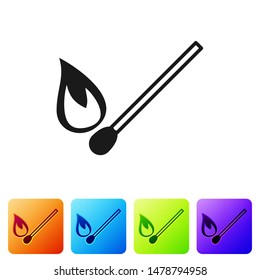 Black Burning match with fire icon isolated on white background. Match with fire. Matches sign. Set icons in color square buttons. Vector Illustration