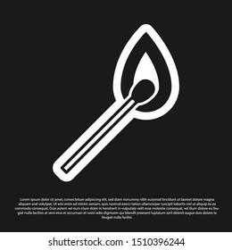 Black Burning match with fire icon isolated on black background. Match with fire. Matches sign.  Vector Illustration