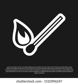 Black Burning match with fire icon isolated on black background. Match with fire. Matches sign.  Vector Illustration