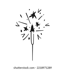 Espumoso negro ardiente aislado sobre fondo blanco. La luz bengalí brillante de vacaciones al estilo doodle. Ilustración del vector