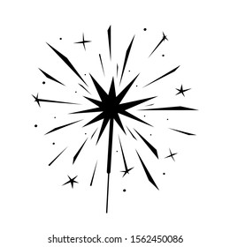 Black burning sparkler silhouette isolated on white. Indian firework with sparks and glow.  Monochrome element for banner, flyer, card, background for party, birthday, celebration. Vector illustration