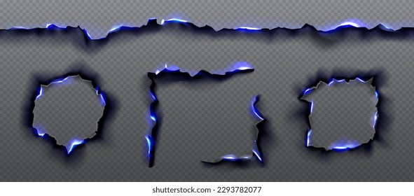 Bordes de papel quemado negro con textura de fuego azul. Bordes y marcos de bordes encorvados de páginas o pergamino con llama y cenizas aislados en fondo transparente, conjunto de vector realista