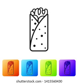 Black Burrito icon isolated on white background. Traditional mexican fast food. Set icon in color square buttons. Vector Illustration
