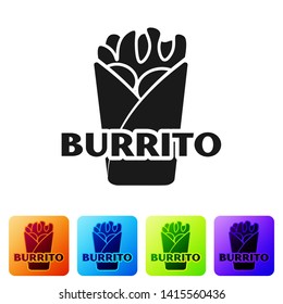 Black Burrito icon isolated on white background. Traditional mexican fast food. Set icon in color square buttons. Vector Illustration