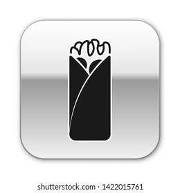 Black Burrito icon isolated on white background. Traditional mexican fast food. Silver square button. Vector Illustration