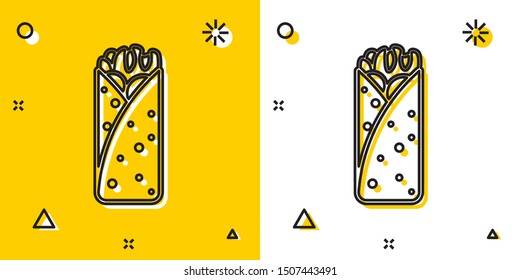 Black Burrito icon isolated on yellow and white background. Traditional mexican fast food. Random dynamic shapes. Vector Illustration
