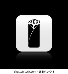 Black Burrito icon isolated on black background. Traditional mexican fast food. Silver square button. Vector Illustration