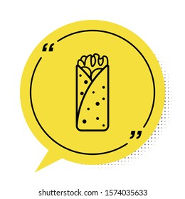 Black Burrito icon isolated on white background. Traditional mexican fast food. Yellow speech bubble symbol. Vector Illustration