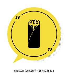 Black Burrito icon isolated on white background. Traditional mexican fast food. Yellow speech bubble symbol. Vector Illustration