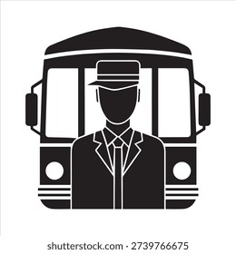 Black bus driver in uniform in front of bus silhouette.