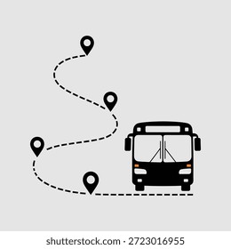 Ícone de ônibus preto com traçado de rota e pinos de localização em um fundo cinza claro transporte viagem