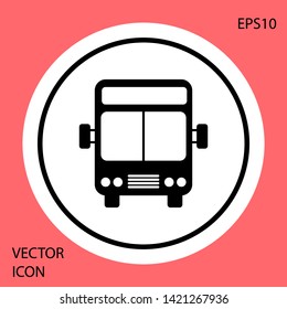 Black Bus icon isolated on red background. Transportation concept. Bus tour transport sign. Tourism or public vehicle symbol. White circle button. Vector Illustration