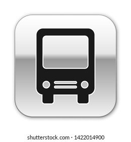 Black Bus icon isolated on white background. Transportation concept. Bus tour transport sign. Tourism or public vehicle symbol. Silver square button. Vector Illustration