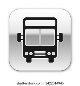 Black Bus icon isolated on white background. Transportation concept. Bus tour transport sign. Tourism or public vehicle symbol. Silver square button. Vector Illustration