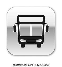 Black Bus icon isolated on white background. Transportation concept. Bus tour transport sign. Tourism or public vehicle symbol. Silver square button. Vector Illustration